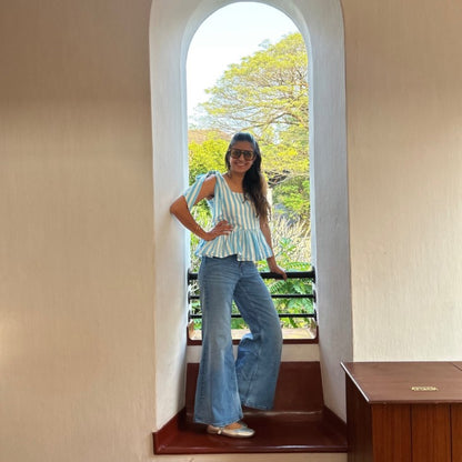 The Picnic Peplum: Blue & White Stripe Bow Top