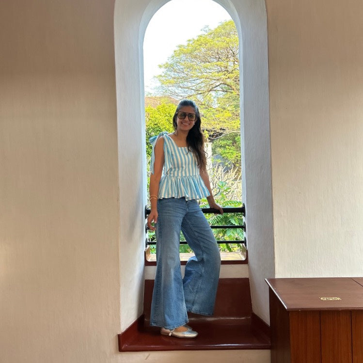 The Picnic Peplum: Blue & White Stripe Bow Top