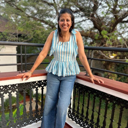 The Picnic Peplum: Blue & White Stripe Bow Top