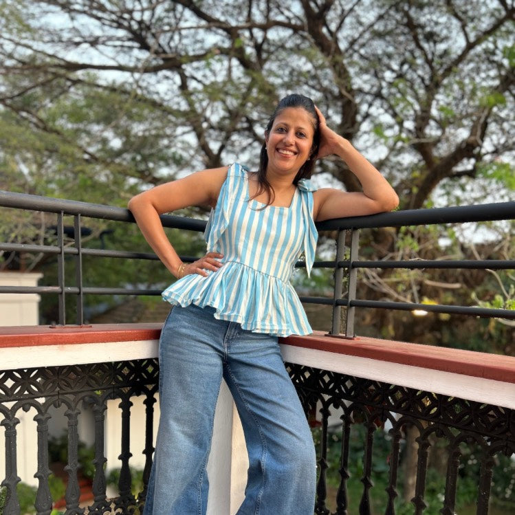 The Picnic Peplum: Blue & White Stripe Bow Top