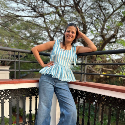 The Picnic Peplum: Blue & White Stripe Bow Top