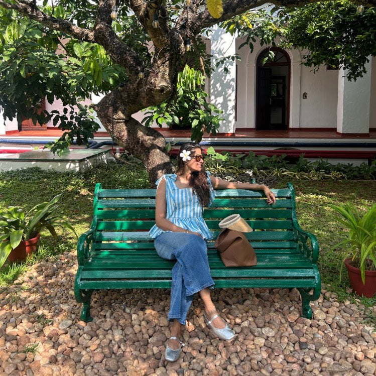 The Picnic Peplum: Blue & White Stripe Bow Top