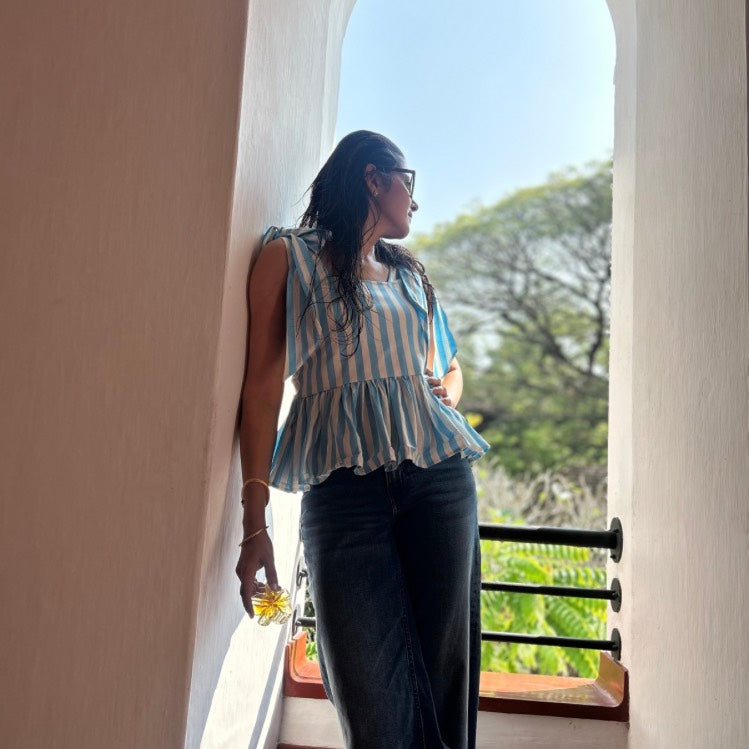 The Picnic Peplum: Blue & White Stripe Bow Top