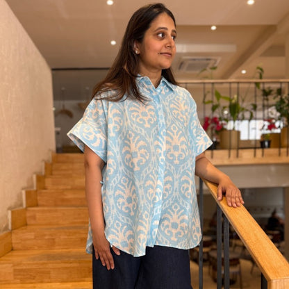 Brookie Baby Blue Ikat Print Soft Lin'en Shirt
