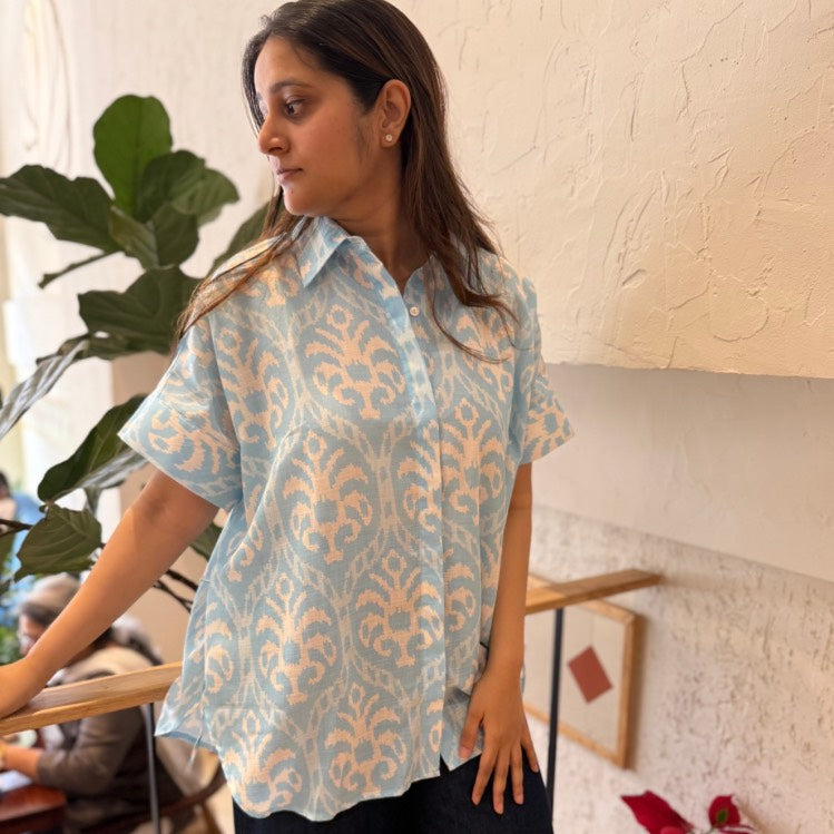 Brookie Baby Blue Ikat Print Soft Lin'en Shirt