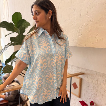 Brookie Baby Blue Ikat Print Soft Lin'en Shirt