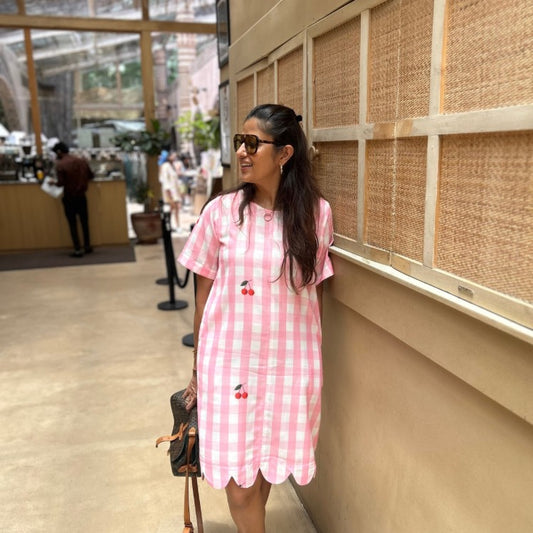 Audrey Shift Dress in Pink Gingham Check with Red Cherry