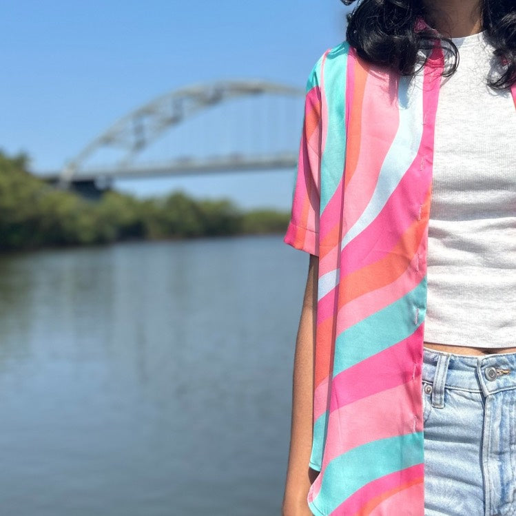 Women’s modal satin abstract print shirt with half sleeves and mother of pearl buttons