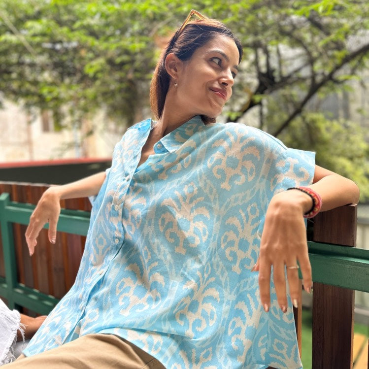 Coco Baby Blue Ikat Soft Lin'en Shirt