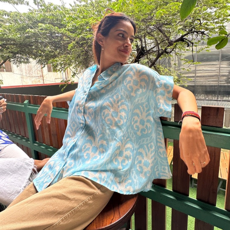 Coco Baby Blue Ikat Soft Lin'en Shirt