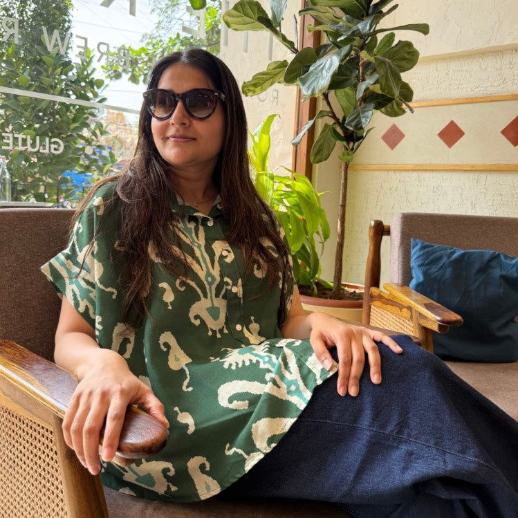 Coco Deep Green Ikat Print Soft Lin'en Shirt