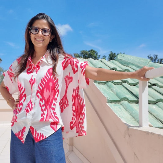 Coco Pink & White Ikat Soft Lin'en Shirt