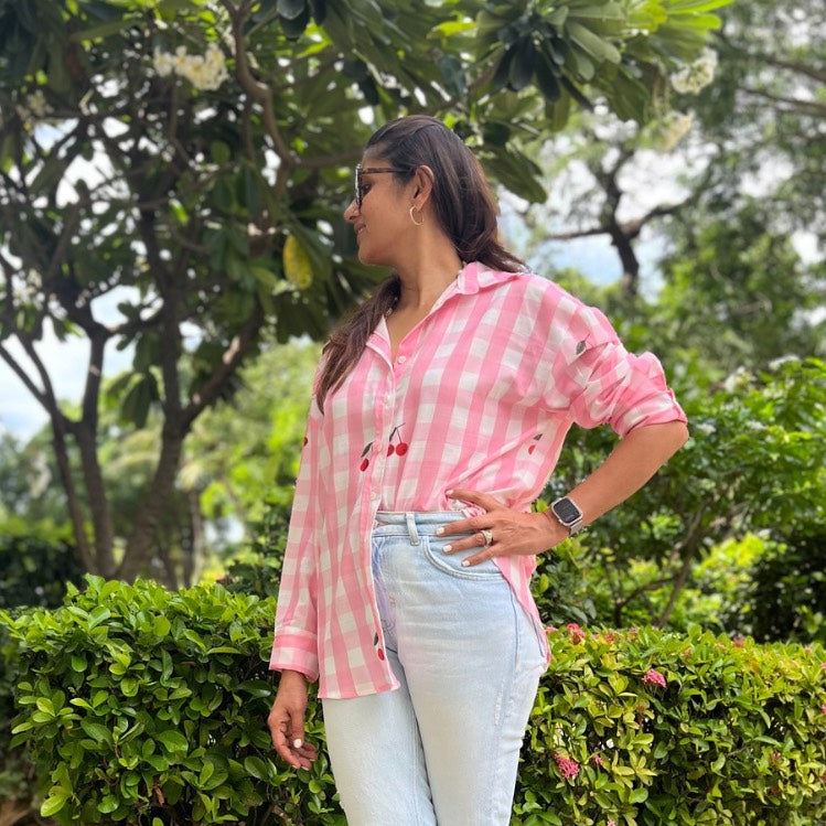 Ellen Oversized Pink Gingham Checked Shirt with Cherry Crush Motif – Soft Linen, Relaxed Fit