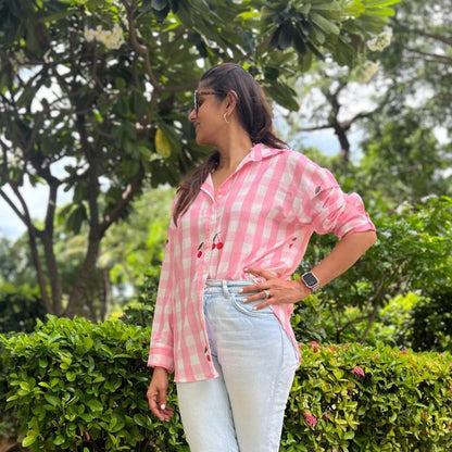 Ellen Oversized Pink Gingham Checked Shirt with Cherry Crush Motif – Soft Linen, Relaxed Fit