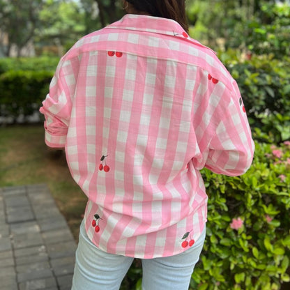 Ellen Oversized Pink Gingham Checked Shirt with Cherry Crush Motif – Soft Linen, Relaxed Fit