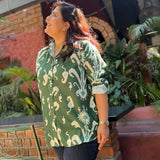 Women’s oversized dark green linen shirt with ikat motifs