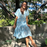 White & blue ikat print linen dress
