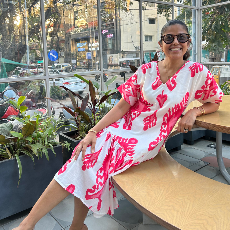Jolene white & pink ikat shift dress with sleeves from Poppy & Co