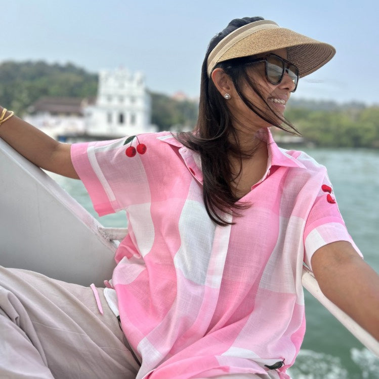 Pink Gingham Brookie Shirt with Cherry Embroidery | Poppy & Co
