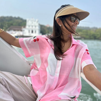 Pink Gingham Brookie Shirt with Cherry Embroidery | Poppy & Co