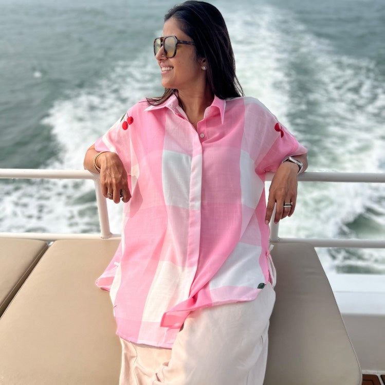 Pink Gingham Brookie Shirt with Cherry Embroidery | Poppy & Co