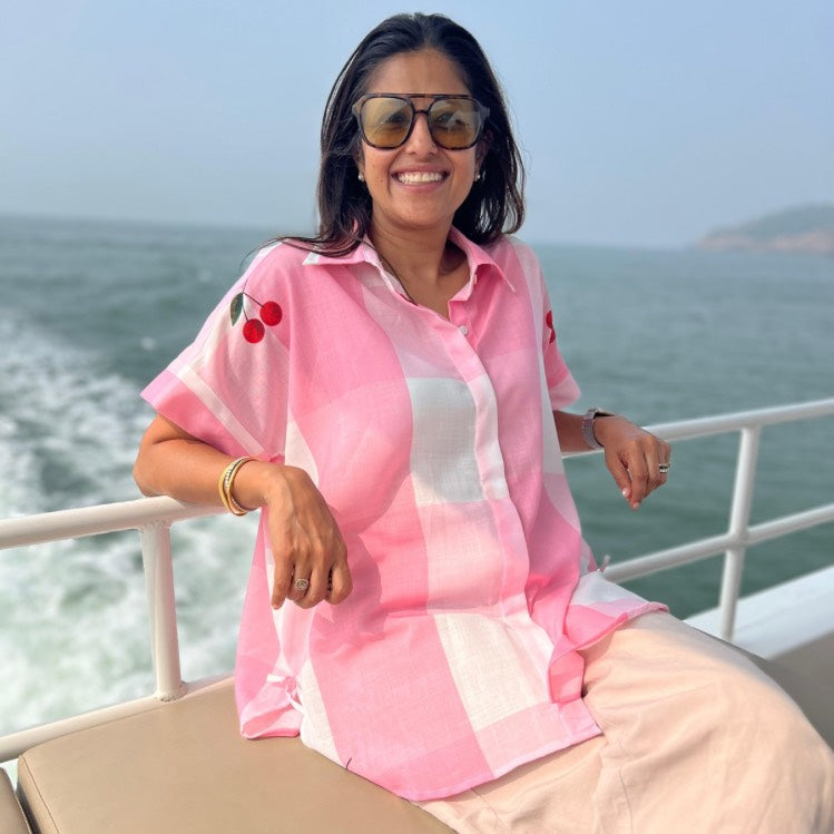 Pink Gingham Brookie Shirt with Cherry Embroidery | Poppy & Co