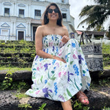 Chloe bodice dress in white with multi-colored floral print