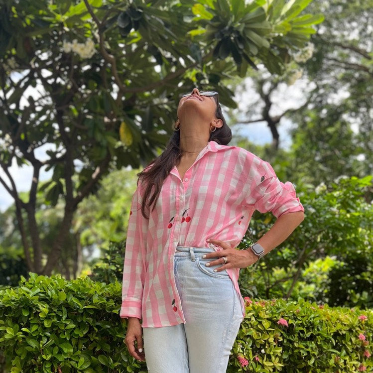 Poppy & Co's Ellen Oversized Pink Gingham Checked Shirt with Cherry Crush Motif – Soft Linen, Relaxed Fit