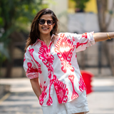 Pink & white ikat oversized linen shirt for women