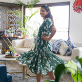 Jolene Deep Green & Mint Ikat Dress – Blended Linen with Frill Hem