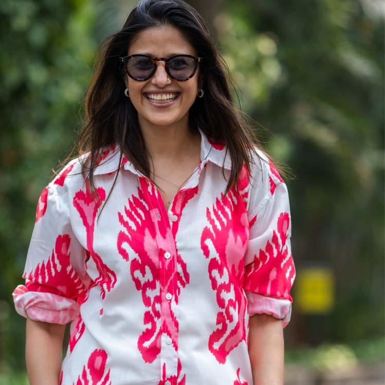 Soft linen fabric with pink & white ikat motifs