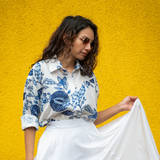 Blue White Pomegranate Chintz Shirt | Oversized Soft Linen Shirt