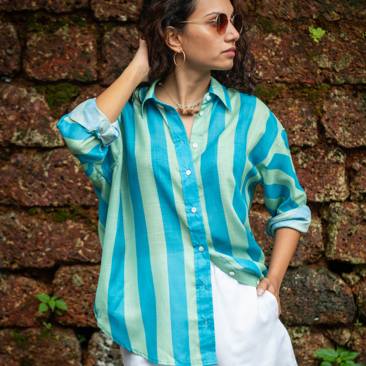 Green & Light Green Stripe Oversized Lin'en Shirt