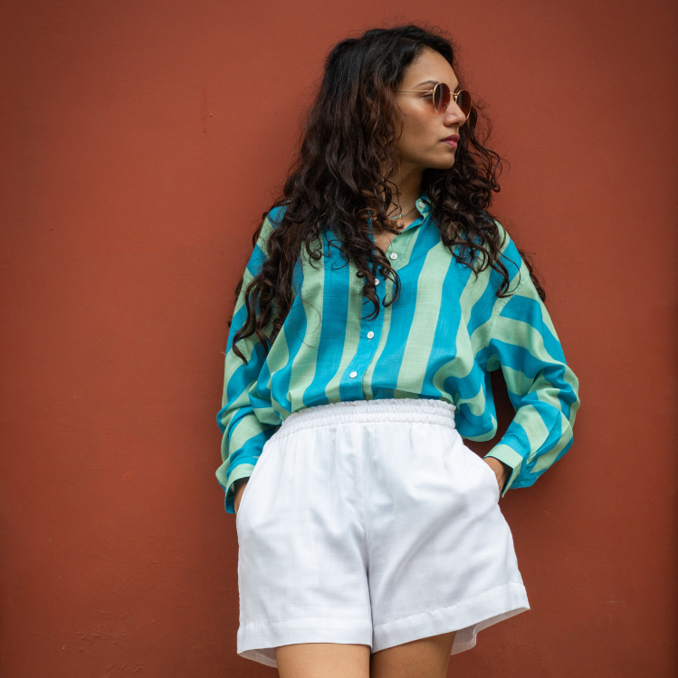 Green & Light Green Stripe Oversized Lin'en Shirt