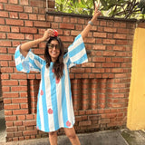 Audrey Blue & White Stripe with Anaar Motif Shift Dress