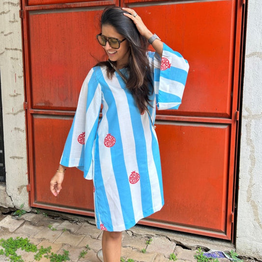 Audrey Blue & White Stripe with Anaar Motif Shift Dress
