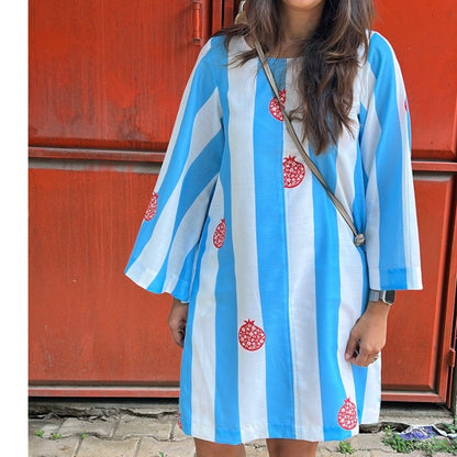 Audrey Blue & White Stripe with Anaar Motif Shift Dress