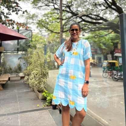 Audrey Shift Dress Blue Gingham Checks & Lemon Print