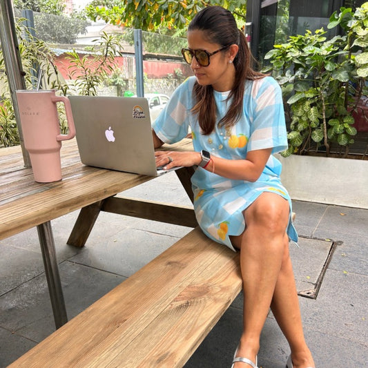 Audrey Shift Dress Blue Gingham Checks & Lemon Print