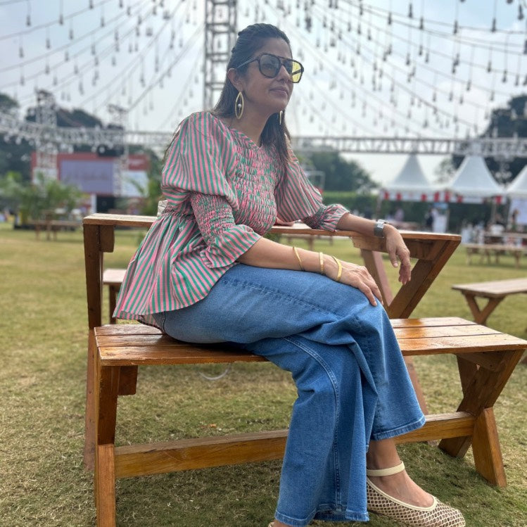 Iris Smocked Puff Sleeve Top - Pink & Green Stripe