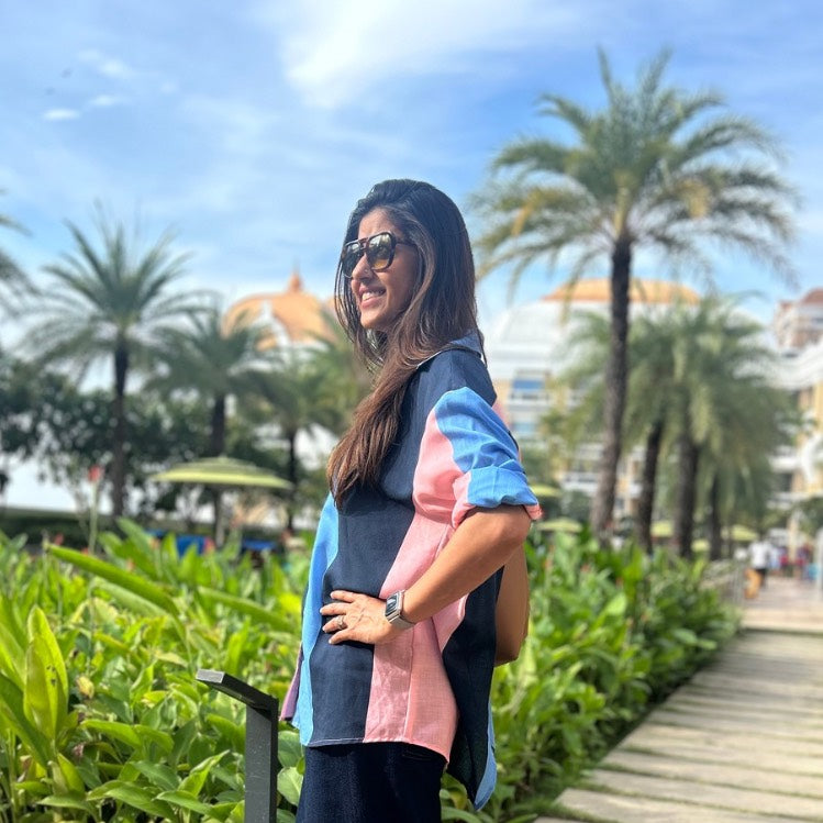 Ellen Blue & Pink Stripe Oversized Shirt – Open Back Detailing