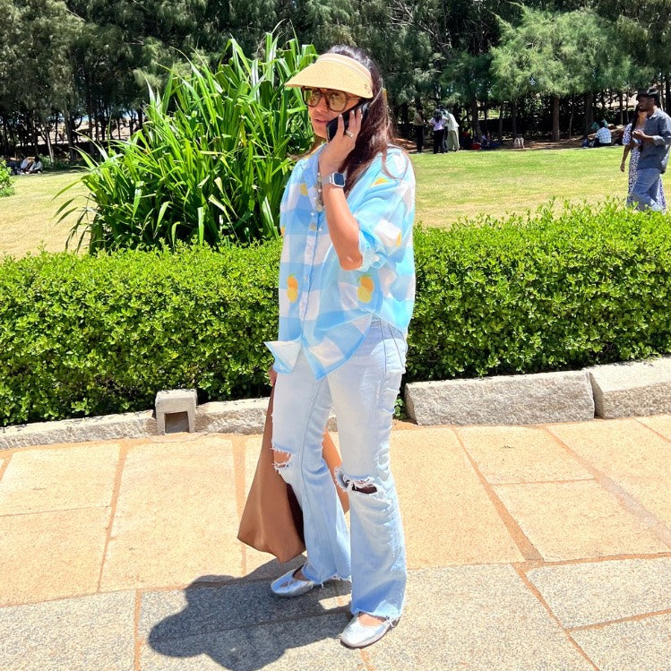 Ellen Oversized Gingham Checked Shirt with Lemon Motif – Soft Linen, Relaxed Fit