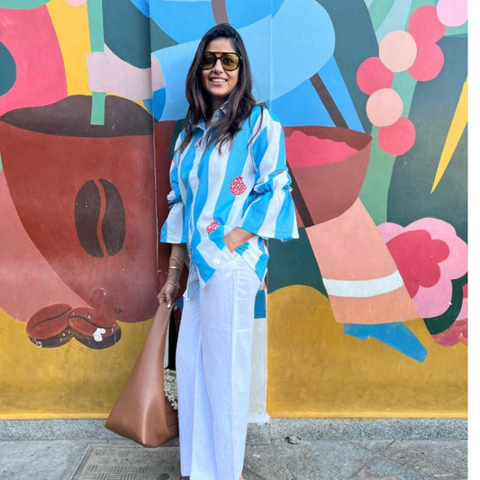 Ellen Blue & white Stripes with Pomegranate Motif Oversized Shirt – Soft Linen, Relaxed Fit