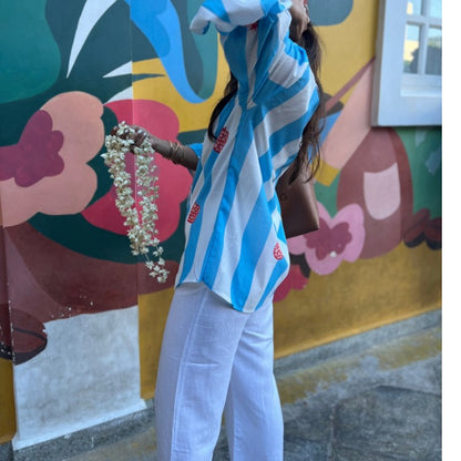 Ellen Blue & white Stripes with Pomegranate Motif Oversized Shirt – Soft Linen, Relaxed Fit