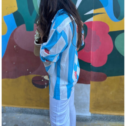 Ellen Blue & white Stripes with Pomegranate Motif Oversized Shirt – Soft Linen, Relaxed Fit