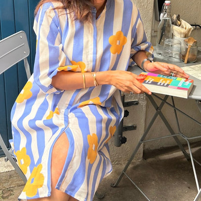 The Mindy Dress | Blue & White Stripe with Yellow Floral