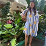 The Mindy Dress | Blue & White Stripe with Yellow Floral