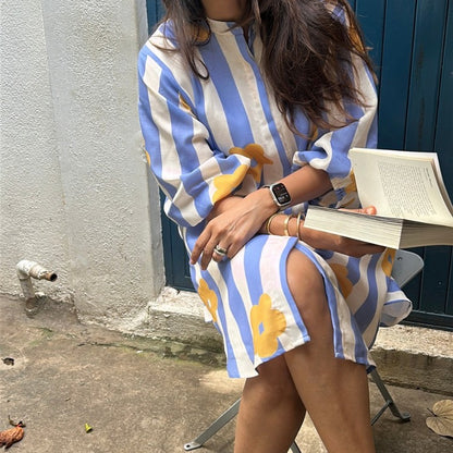 The Mindy Dress | Blue & White Stripe with Yellow Floral