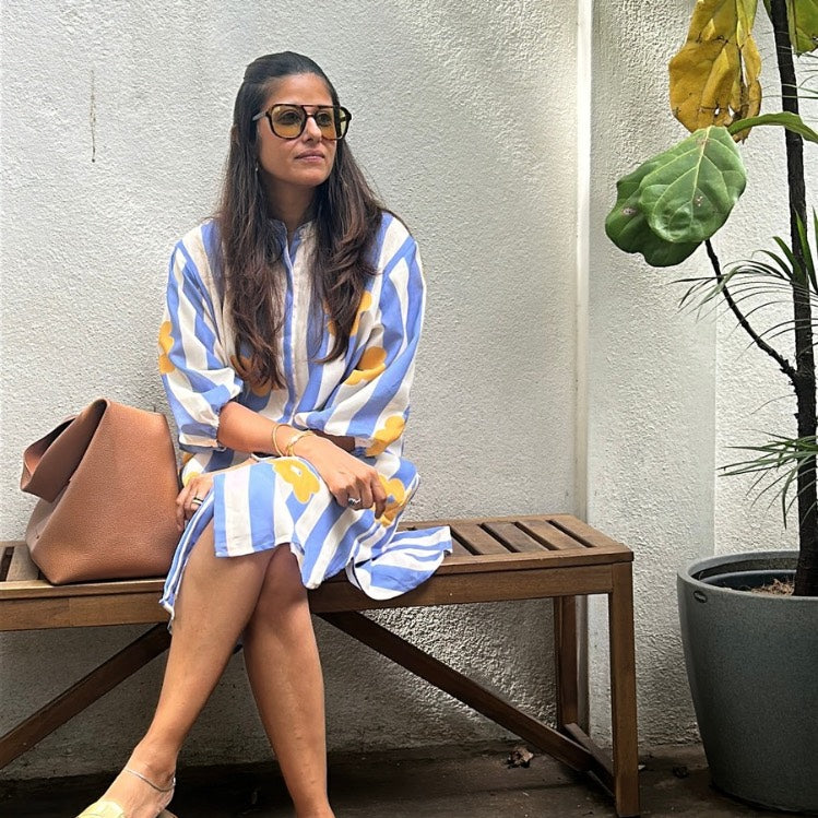 The Mindy Dress | Blue & White Stripe with Yellow Floral