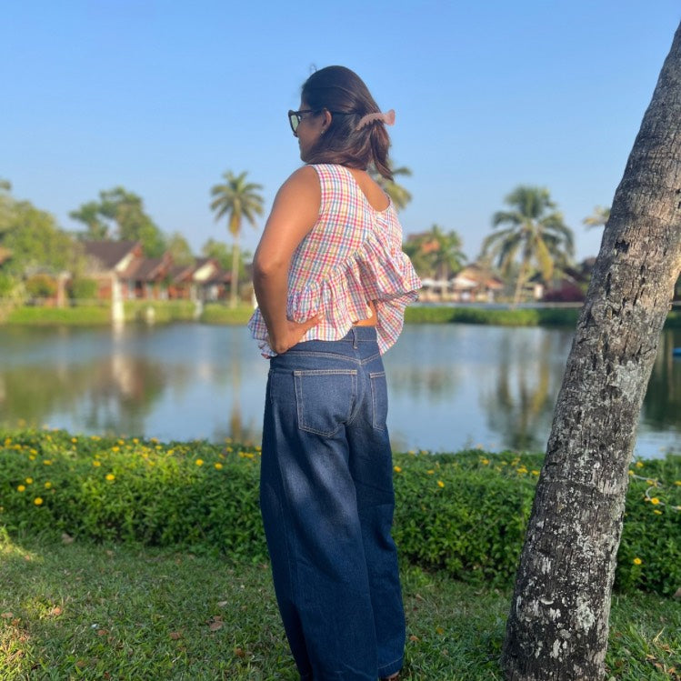 Multi-Check Ruffle Peplum Top | Semi-Open Back | Poppy & Co